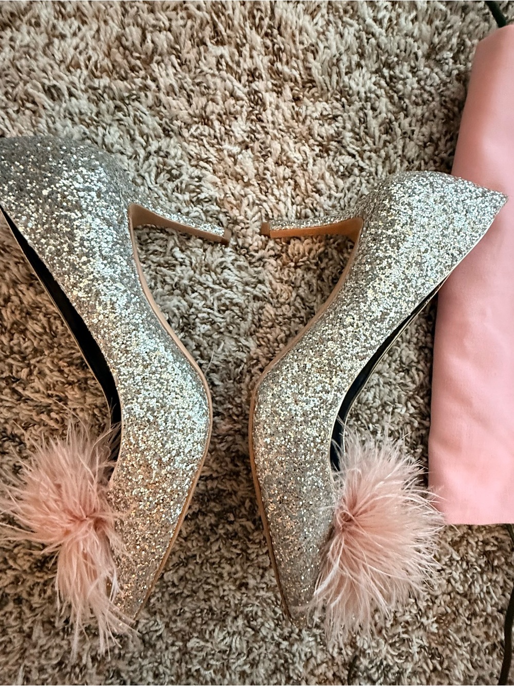 kate spade Silver Glitter Pointed Pumps with Pink Feather Poms - Picture 5 of 8